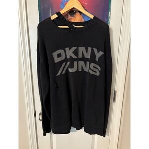 DKNY Jeans Vintage Distressed Logo Sweater Black Cotton Knit XXL Oversized 90s